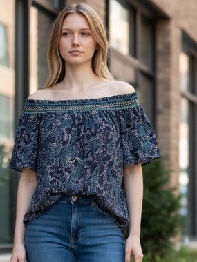 Maurices Navy Printed Smocked-Neck Tunic